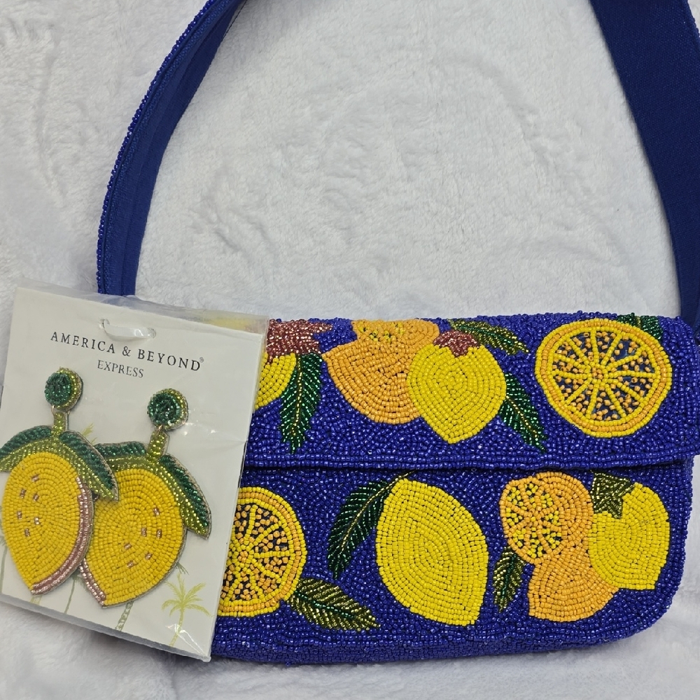 Blue and Yellow Beaded Crossbody Bag With Beautiful Matching Earrings